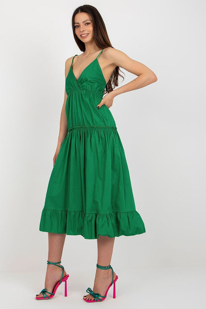 Summer Dress with Adjustable Straps, Envelope Neckline, and Flared Bottom with Decorative Ruffle