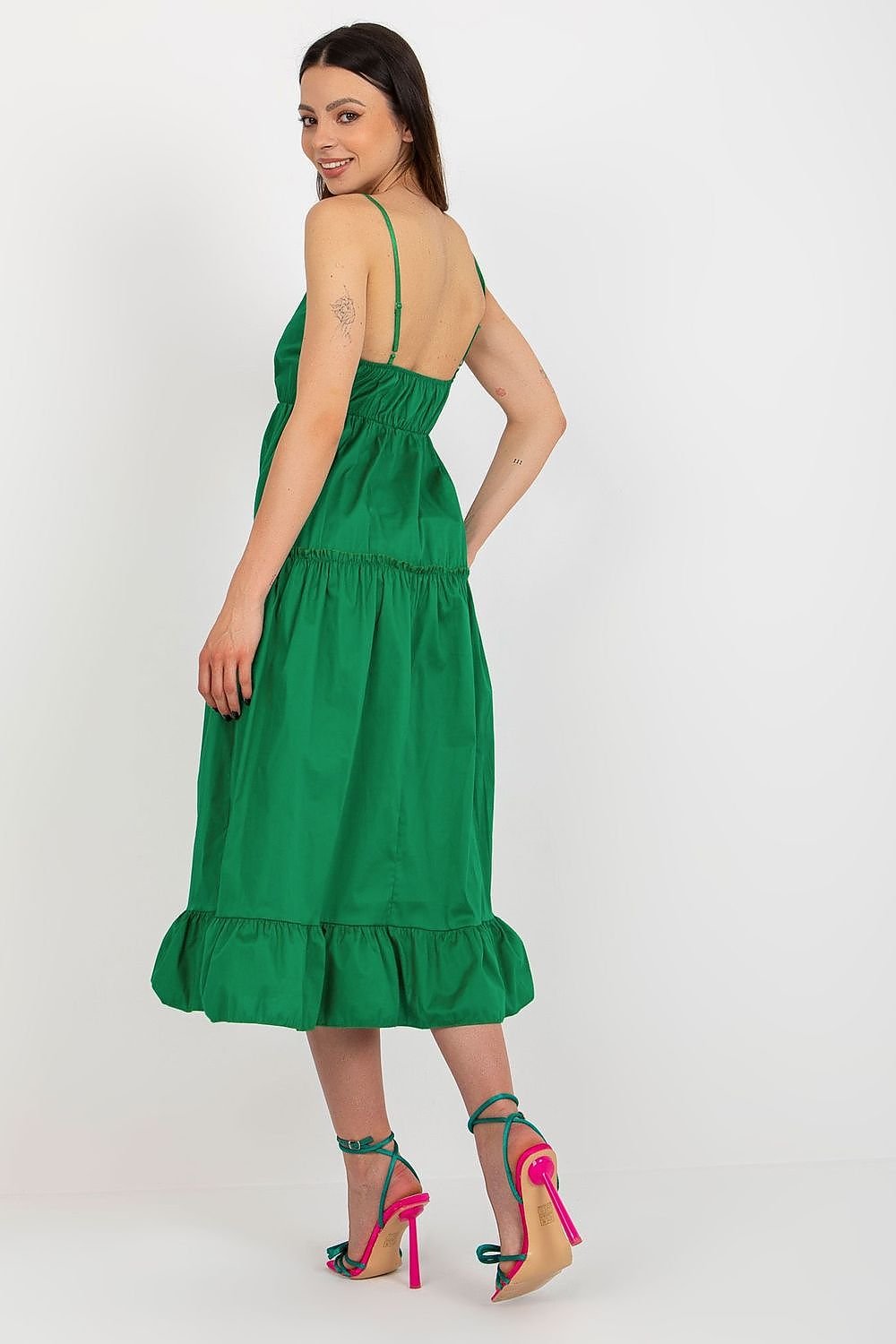 Summer Dress with Adjustable Straps, Envelope Neckline, and Flared Bottom with Decorative Ruffle