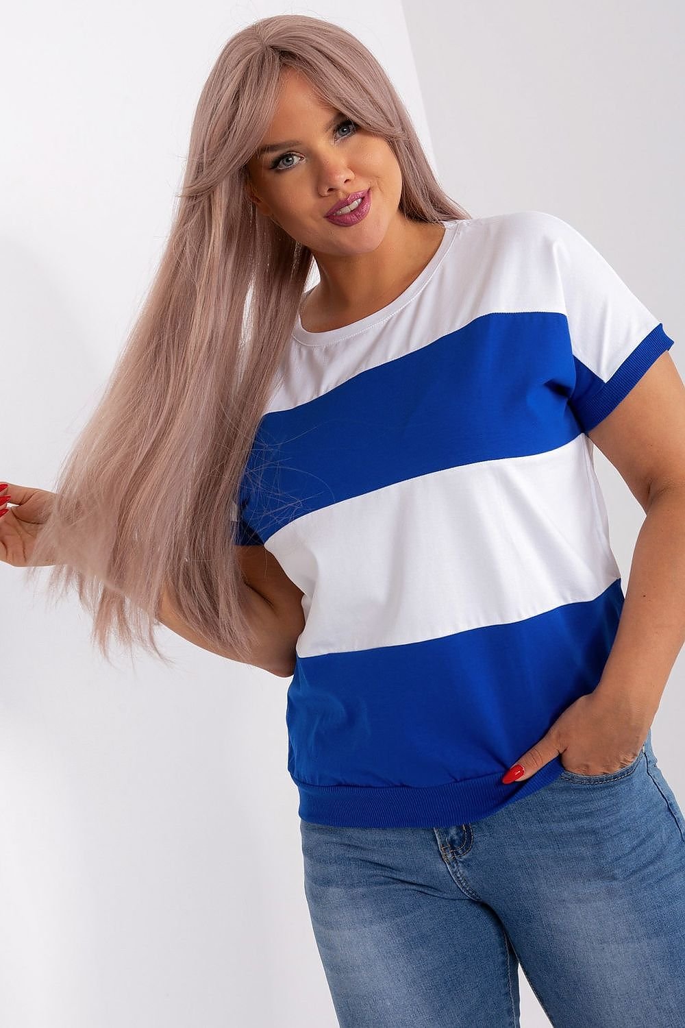 Plus Size Bluse mit kurzen Ärmeln und breitem Streifenmuster