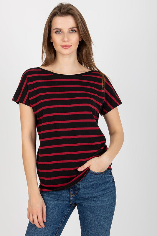 Women's short-sleeve T-shirt with a round neckline, featuring a V-shaped cutout on the back. Made from striped fabric for a stylish and comfortable look.