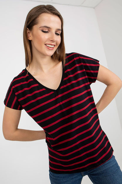 A women's T-shirt with short sleeves and a heart-shaped neckline, crafted from striped fabric for a playful and stylish look. Perfect for casual, everyday wear.






