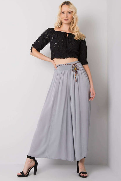 High-Waisted Viscose Pants with Elastic Waistband and Decorative Tie Belt