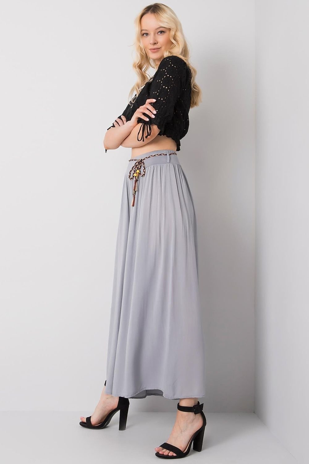 High-Waisted Viscose Pants with Elastic Waistband and Decorative Tie Belt