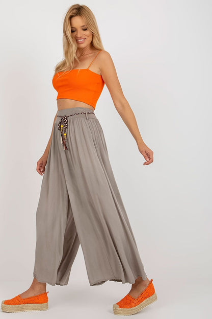 High-Waisted Viscose Pants with Elastic Waistband and Decorative Tie Belt