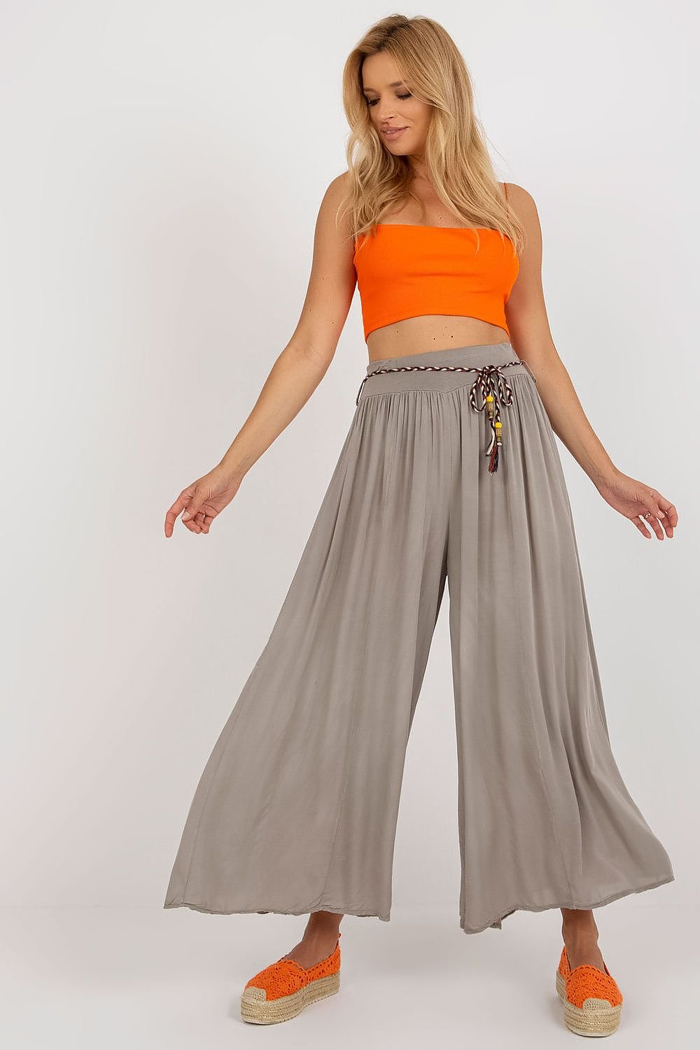 High-Waisted Viscose Pants with Elastic Waistband and Decorative Tie Belt