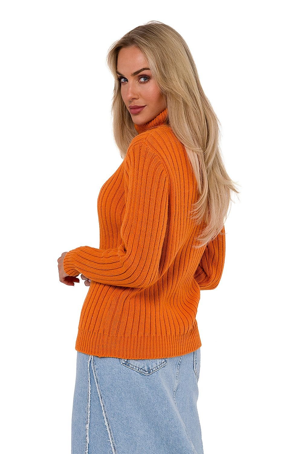 Pull col roulé côtelé à manches longues pour femme