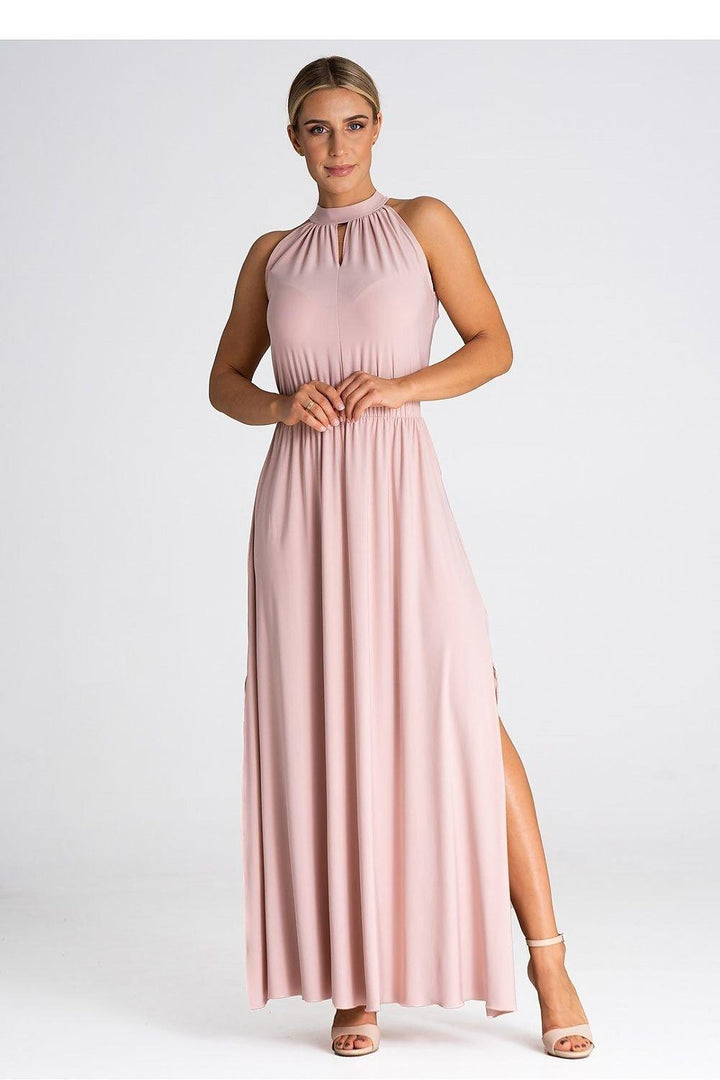 Elegant Sleeveless Maxi Dress with Pearl Clasp and Side Slits - Ludowika 