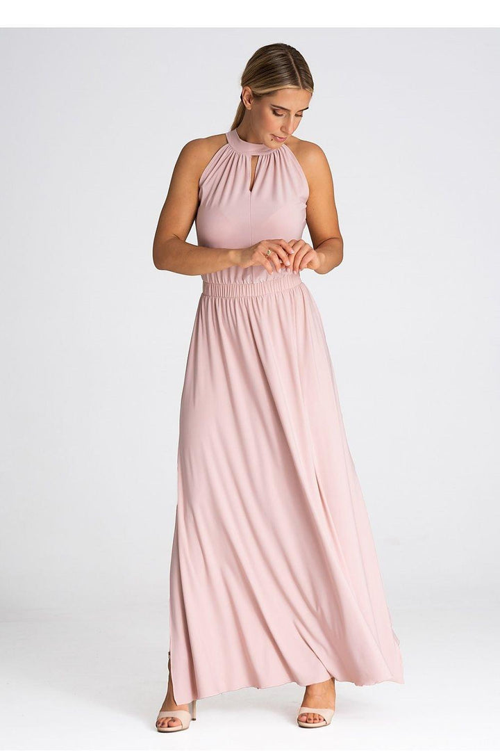 Elegant Sleeveless Maxi Dress with Pearl Clasp and Side Slits - Ludowika 