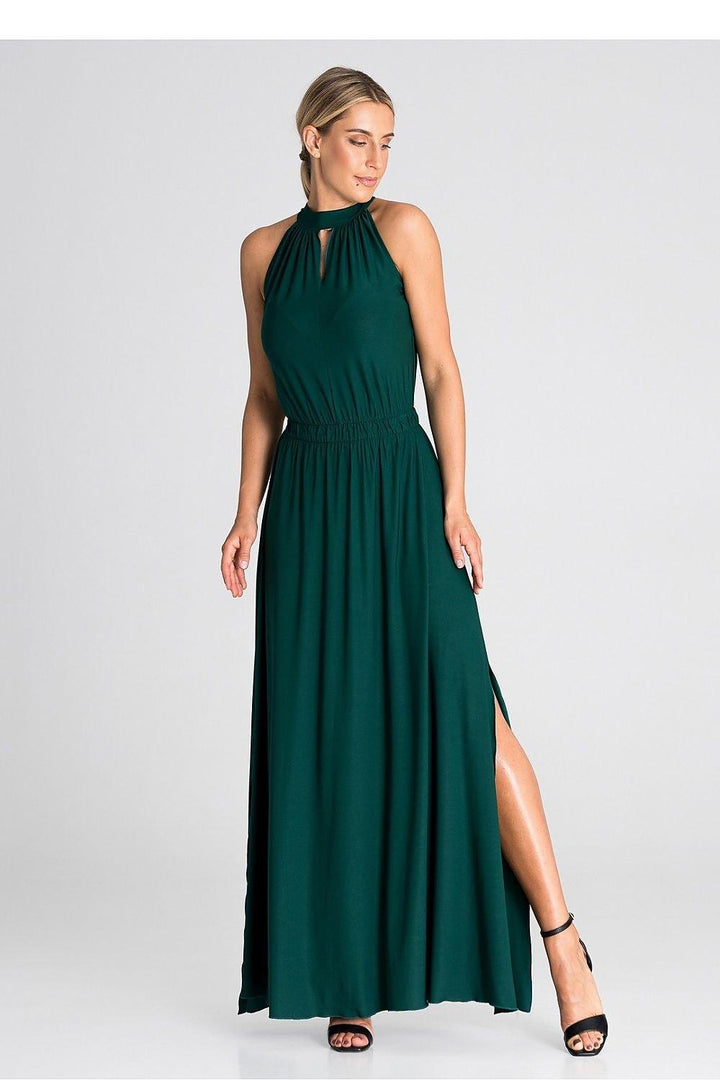 Elegant Sleeveless Maxi Dress with Pearl Clasp and Side Slits - Ludowika 