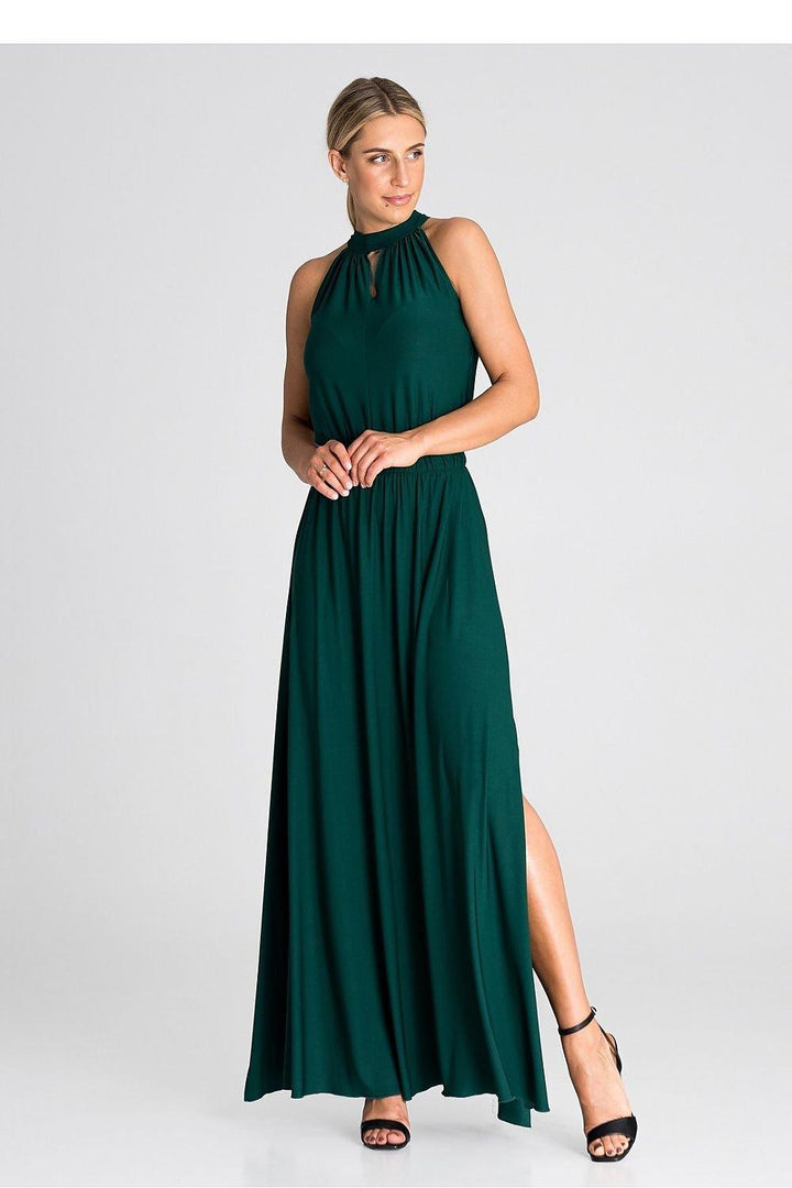 Elegant Sleeveless Maxi Dress with Pearl Clasp and Side Slits - Ludowika 