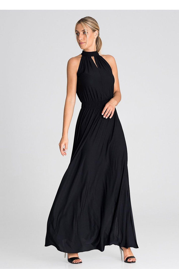 Elegant Sleeveless Maxi Dress with Pearl Clasp and Side Slits - Ludowika 