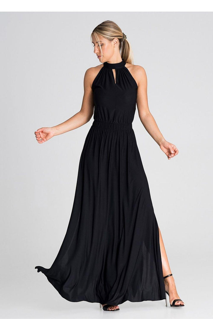 Elegant Sleeveless Maxi Dress with Pearl Clasp and Side Slits - Ludowika 