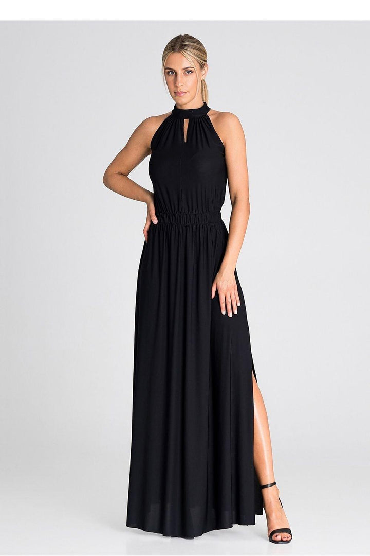 Elegant Sleeveless Maxi Dress with Pearl Clasp and Side Slits - Ludowika 