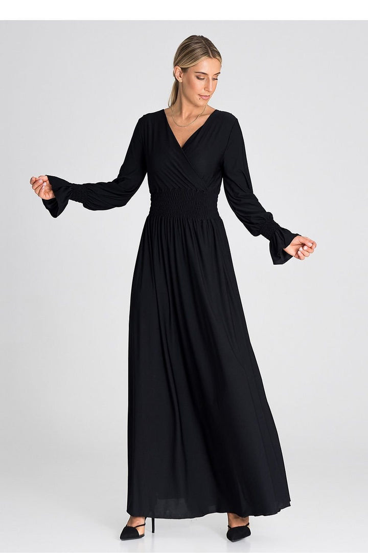Elegant Buffet Sleeve Maxi Dress with Side Slit and Overlapped Neckline - Ludowika 