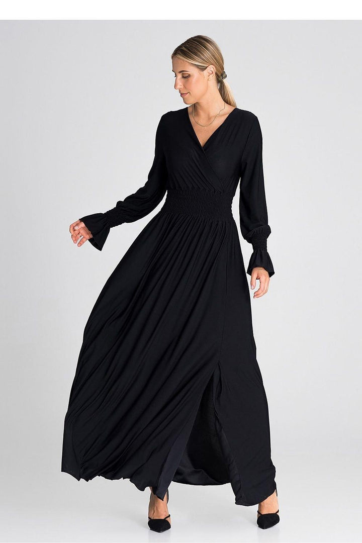 Elegant Buffet Sleeve Maxi Dress with Side Slit and Overlapped Neckline - Ludowika 