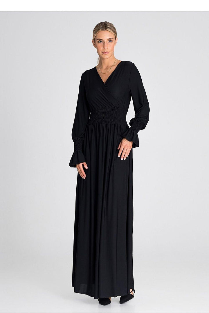 Elegant Buffet Sleeve Maxi Dress with Side Slit and Overlapped Neckline - Ludowika 