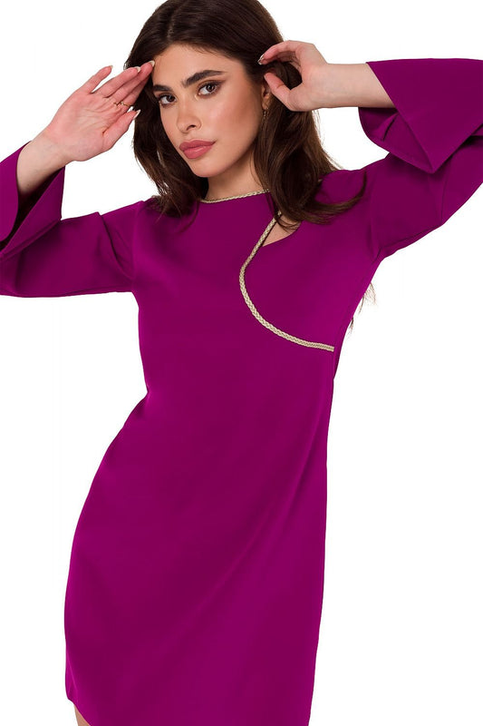 Elegant Teardrop Neckline Dress with Decorative Trim and Wide Sleeves