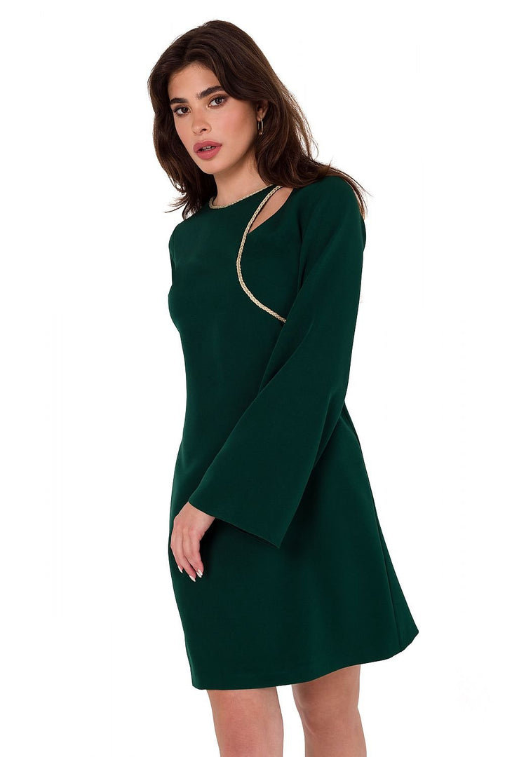 Elegant Teardrop Neckline Dress with Decorative Trim and Wide Sleeves - Ludowika 