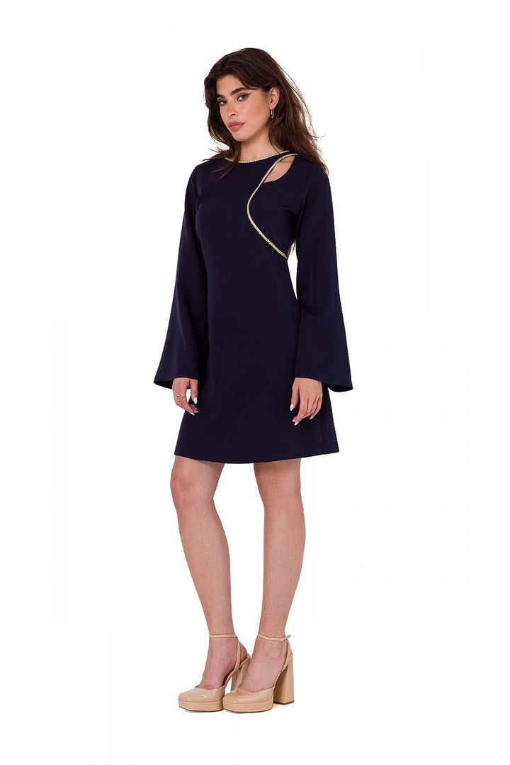 Elegant Teardrop Neckline Dress with Decorative Trim and Wide Sleeves - Ludowika 