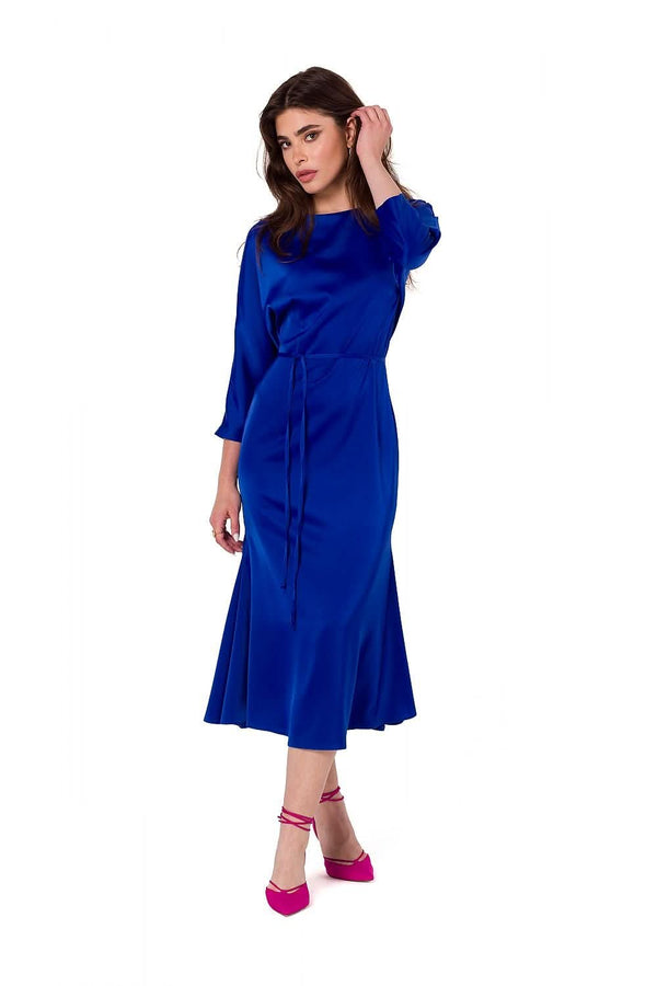 Satin Midi Dress with Kimono Sleeves and Waist Belt