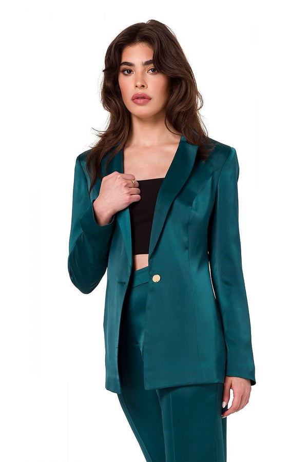 Satin Jacket with Decorative Button and Padded Collar for Timeless Elegance