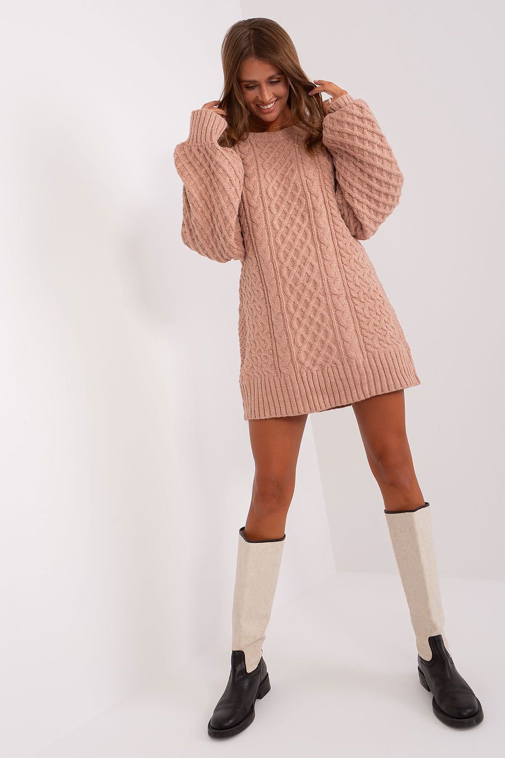 Oversized Long Sweater with Variegated Texture and Buff Sleeves