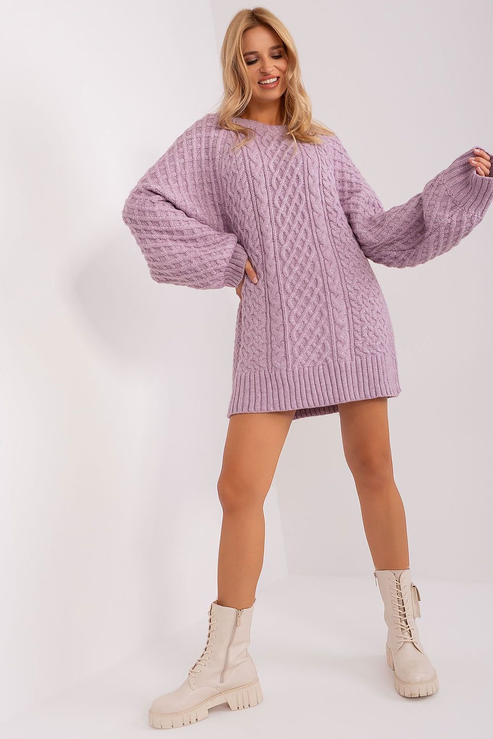 Oversized Long Sweater with Variegated Texture and Buff Sleeves