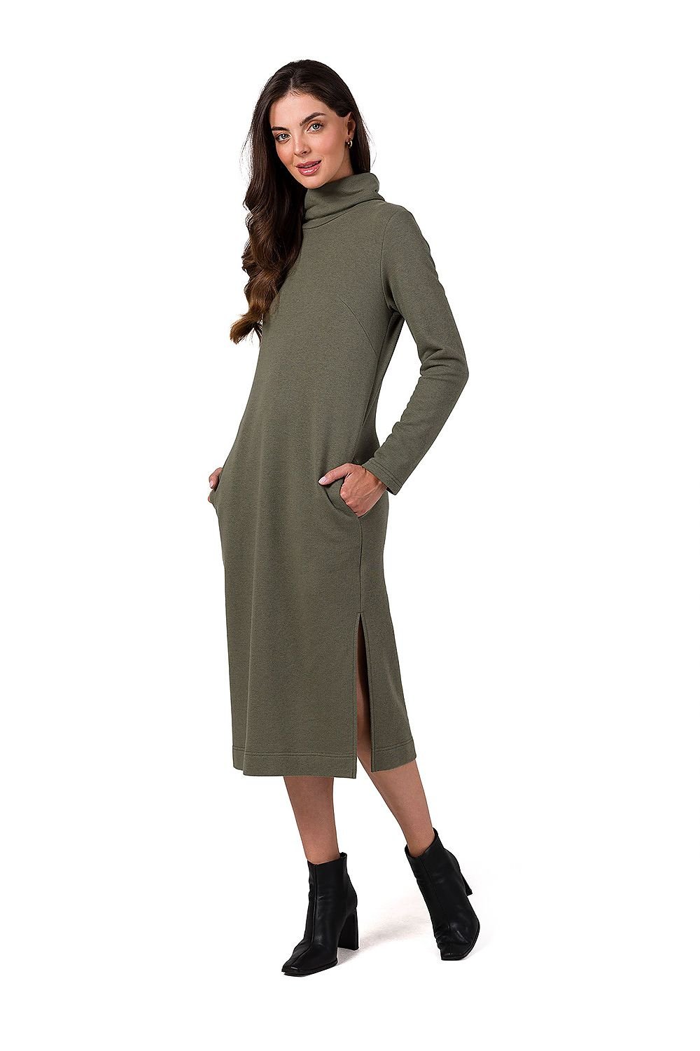 Structured Knit Midi Dress with Side Pockets and High Collar