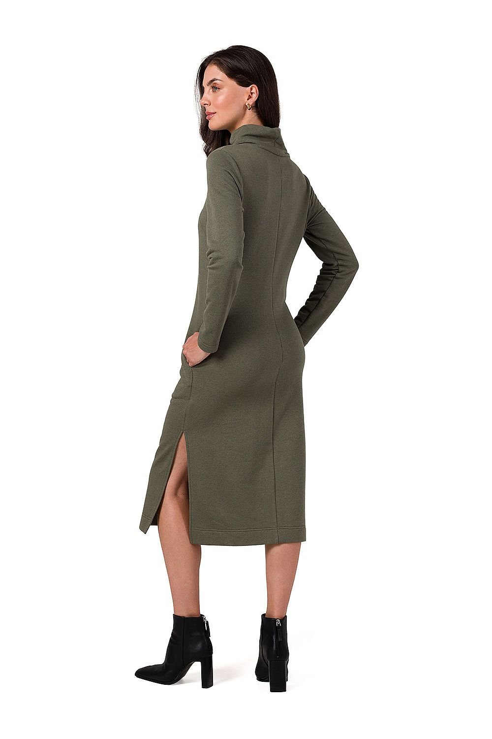 Structured Knit Midi Dress with Side Pockets and High Collar