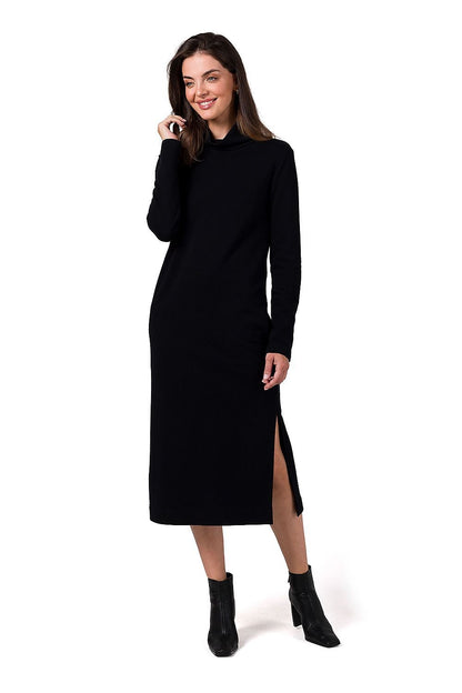 Structured Knit Midi Dress with Side Pockets and High Collar