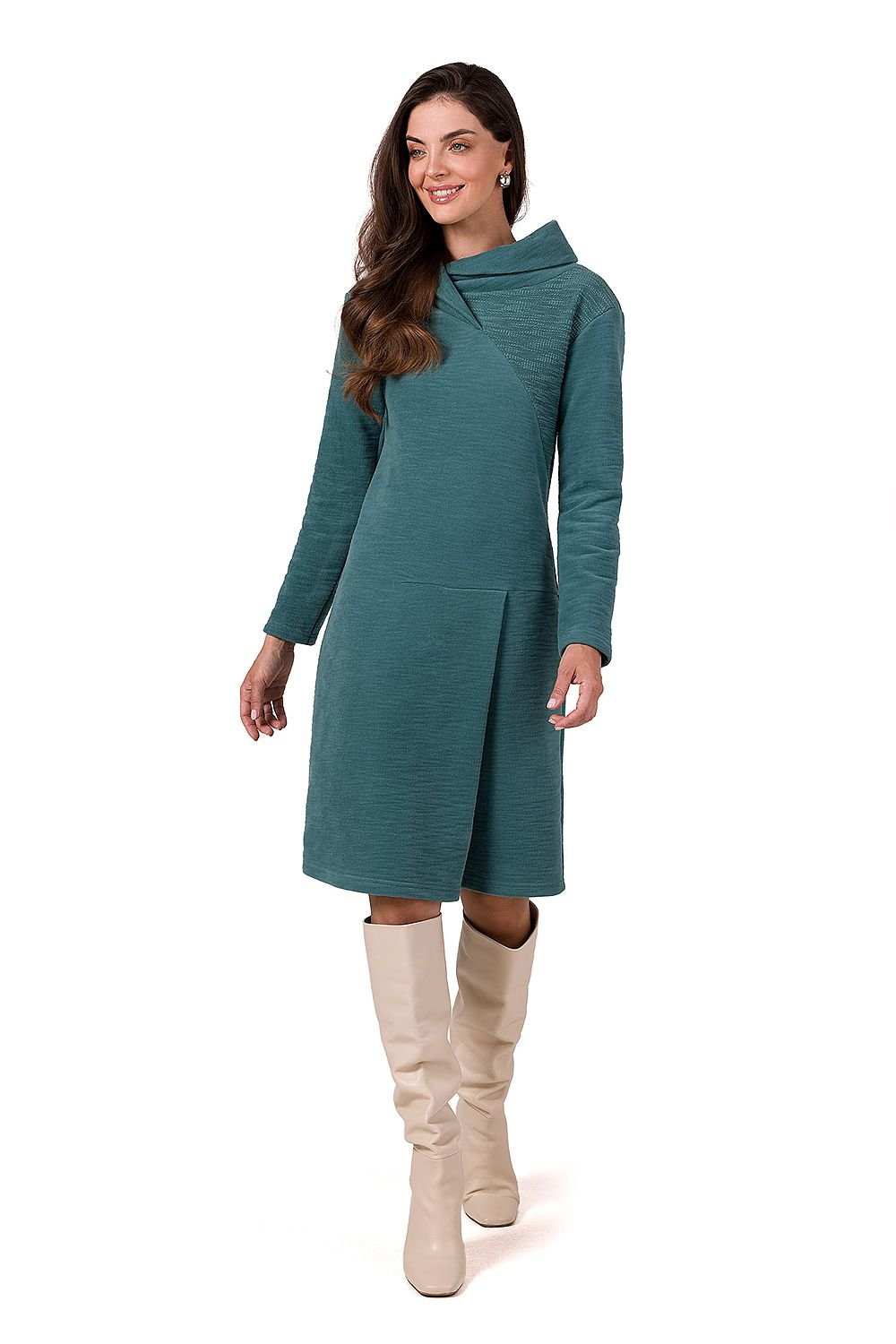 Midi Dress with High Collar, Long Sleeves, and Front Tab Detail