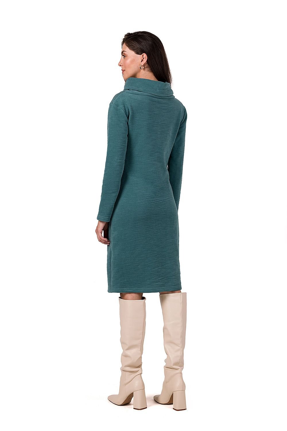 Midi Dress with High Collar, Long Sleeves, and Front Tab Detail