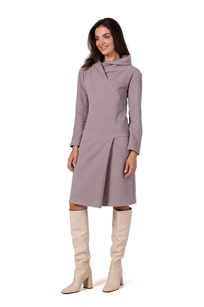 Midi Dress with High Collar, Long Sleeves, and Front Tab Detail