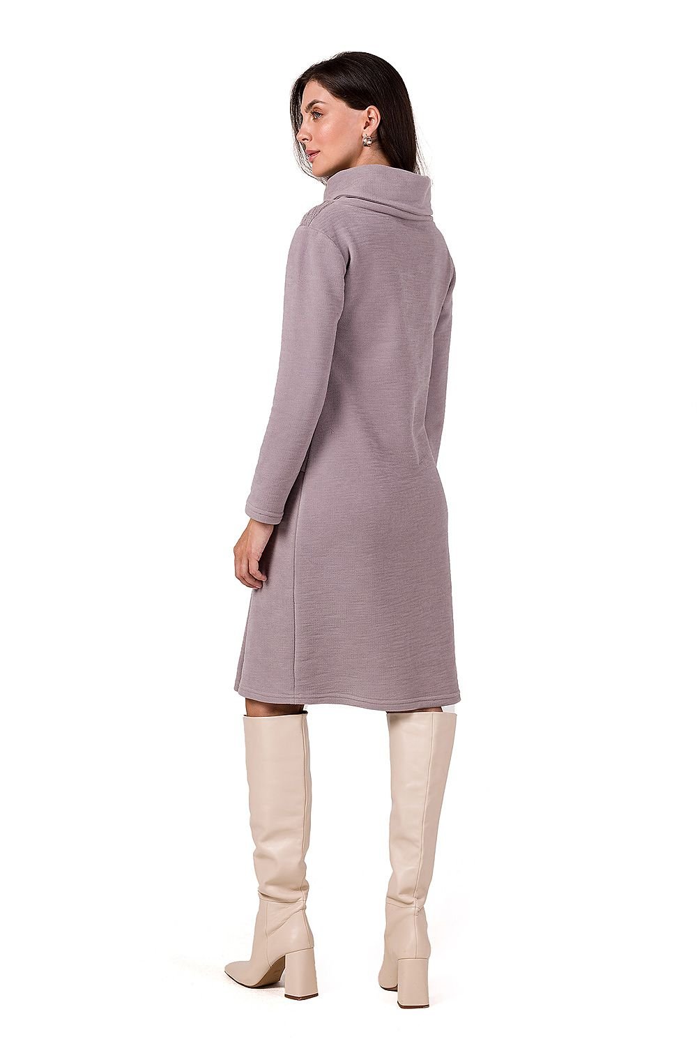 Midi Dress with High Collar, Long Sleeves, and Front Tab Detail