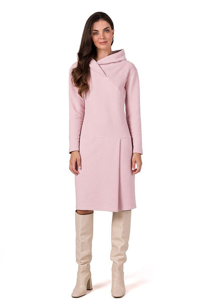 Midi Dress with High Collar, Long Sleeves, and Front Tab Detail