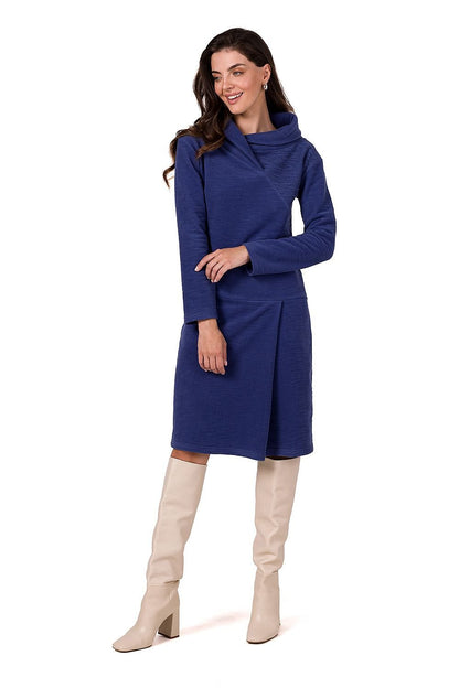 Midi Dress with High Collar, Long Sleeves, and Front Tab Detail