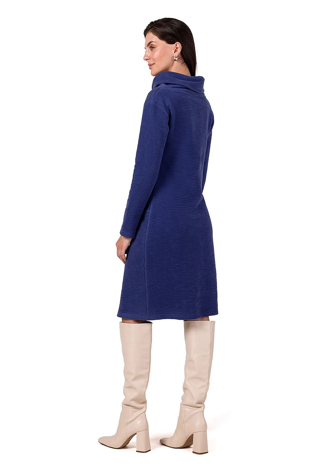 Midi Dress with High Collar, Long Sleeves, and Front Tab Detail