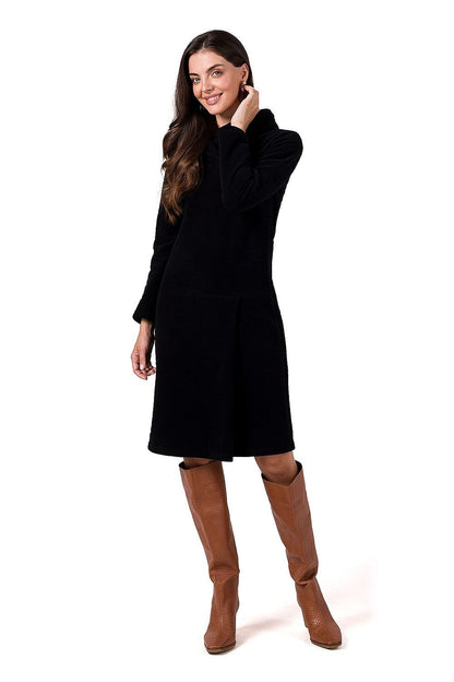 Midi Dress with High Collar, Long Sleeves, and Front Tab Detail