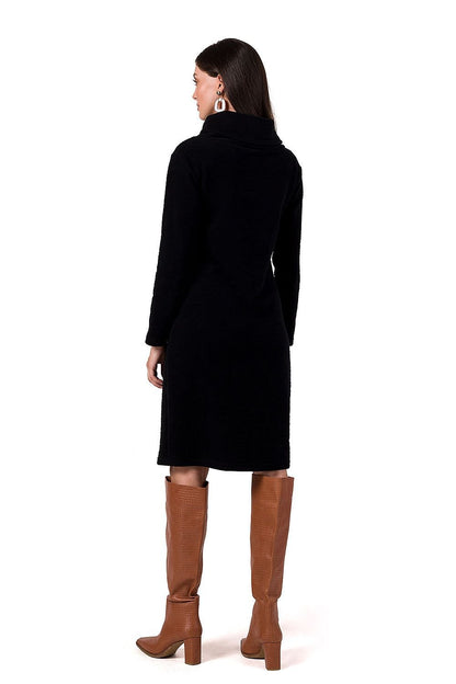 Midi Dress with High Collar, Long Sleeves, and Front Tab Detail