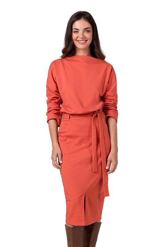 Midi Knit Dress with Kimono Top, Pencil Bottom, Waist Tie Belt, and Covered Zipper