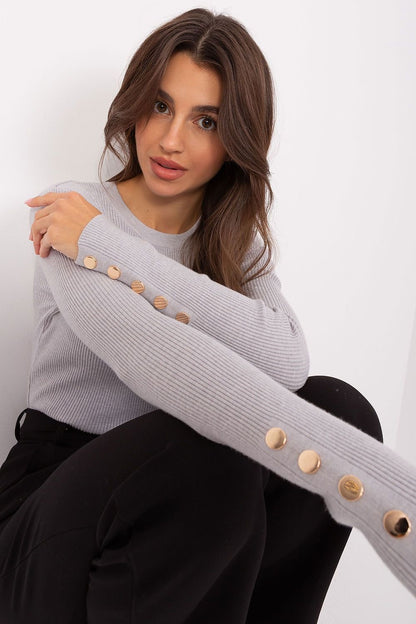 Ribbed Viscose Sweater with Button Detail and Round Neckline