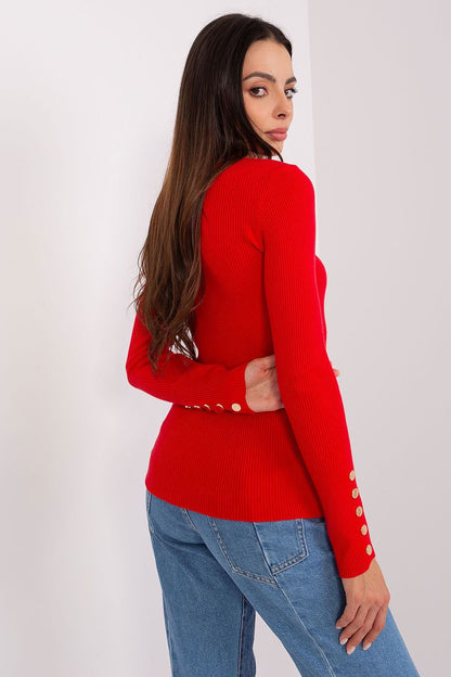 Ribbed Viscose Sweater with Button Detail and Round Neckline