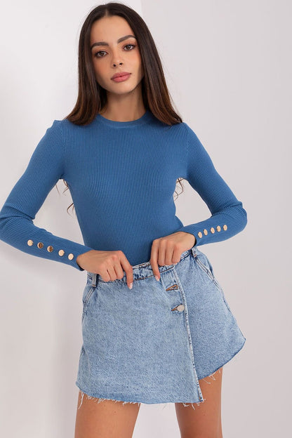 Ribbed Viscose Sweater with Button Detail and Round Neckline