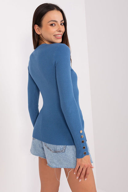 Ribbed Viscose Sweater with Button Detail and Round Neckline