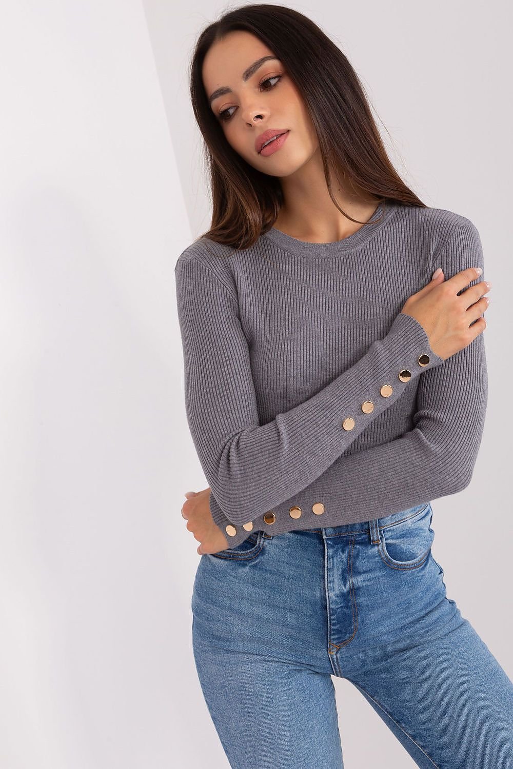 Ribbed Viscose Sweater with Button Detail and Round Neckline