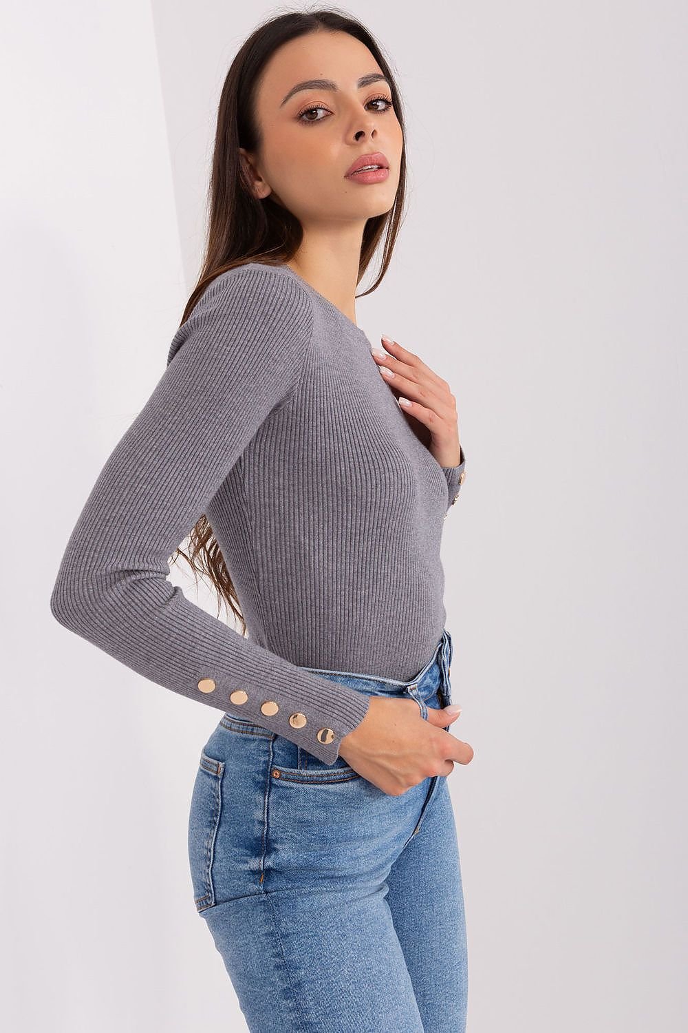 Ribbed Viscose Sweater with Button Detail and Round Neckline