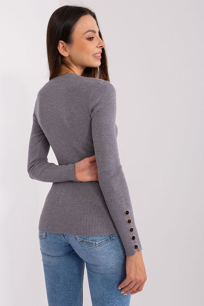 Ribbed Viscose Sweater with Button Detail and Round Neckline