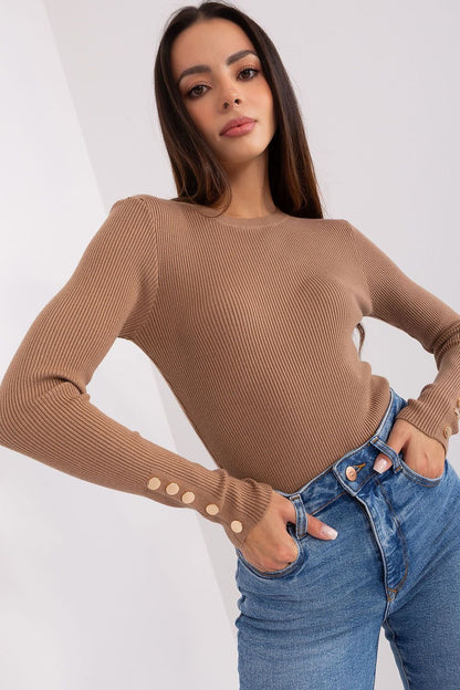 Ribbed Viscose Sweater with Button Detail and Round Neckline