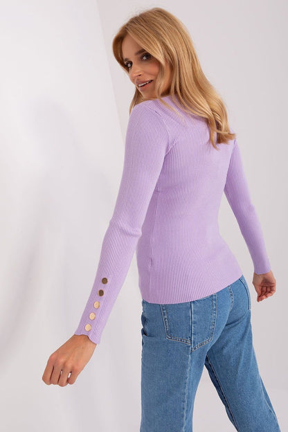 Ribbed Viscose Sweater with Button Detail and Round Neckline