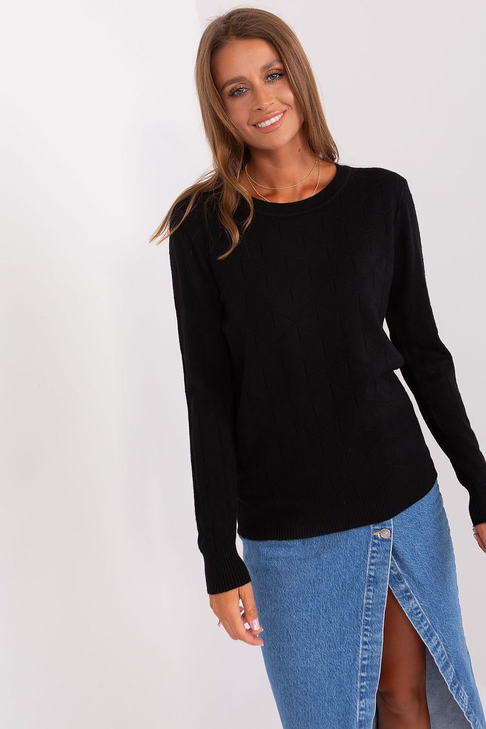 Textured Cotton Sweater with Round Neckline and Long Sleeves